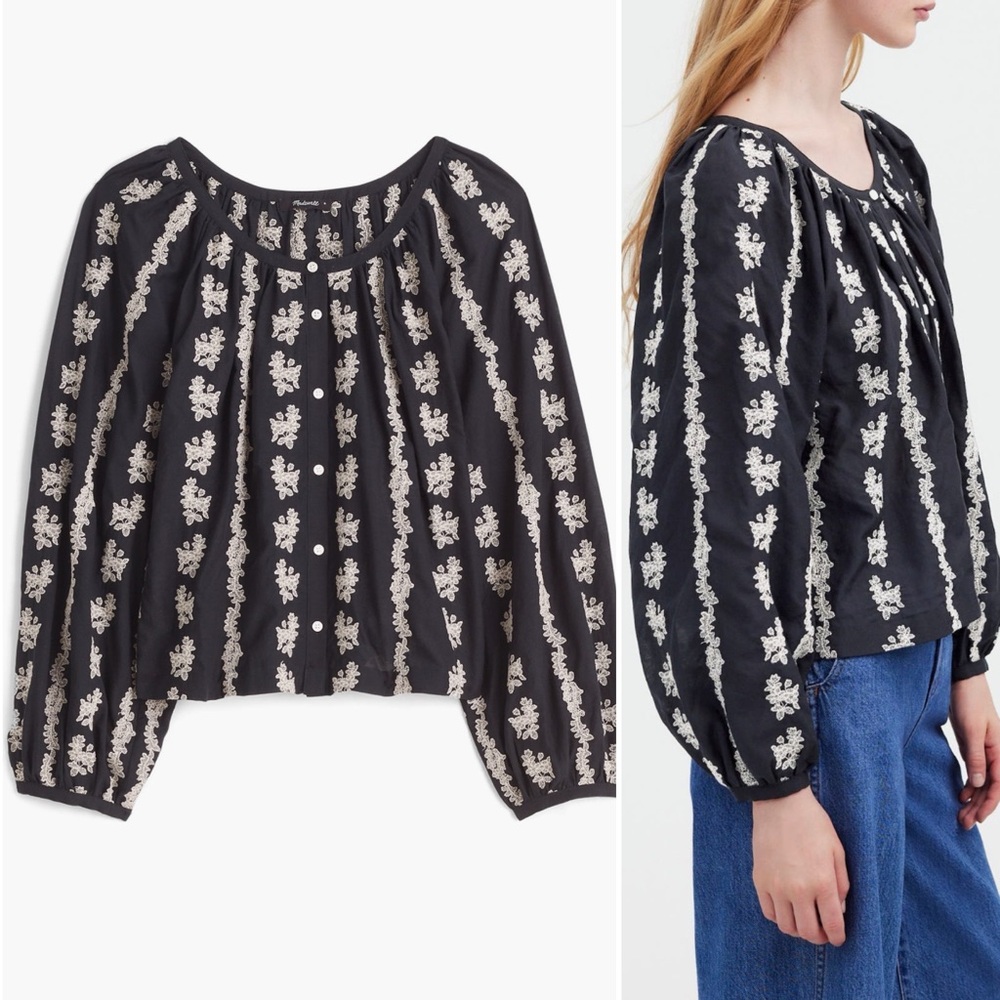 Madewell Embroidered Puff Sleeve A-Line Top in Black, size S NWT